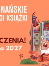 Plakat z pomarańczowym tłem. Po lewej stronie duży napis "Poznańskie Targi Książki" oraz "do zobaczenia" wraz z datą wydarzenia. Z lewej strony dwa stylizowane koziołki nad ikoną otwartej książki. Po prawej ilustracja przedstawiająca budynki wyglądające jak stojące książki, a przed nimi dwa koziołki zderzające się rogami, postać skacząca w powietrzu, lecący superbohater i smok siedzący na dachu.