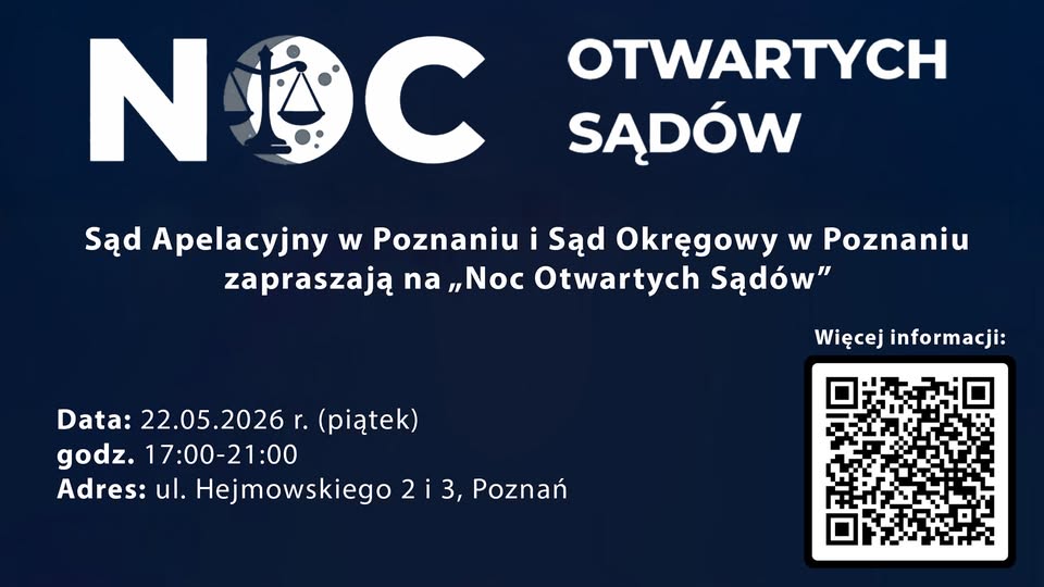 Plakat wydarzenia Noc Otwartych Sądów. Na ciemnogranatowym tle widoczna podświetlona kolumna i szala wagi sprawiedliwości.