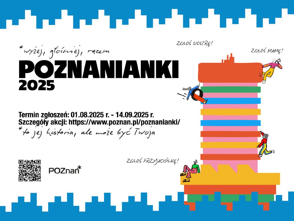 Plakat wydarzenia z rysunkowym, kolorowym wieżowcem i wspinającymi się na niego postaciami.