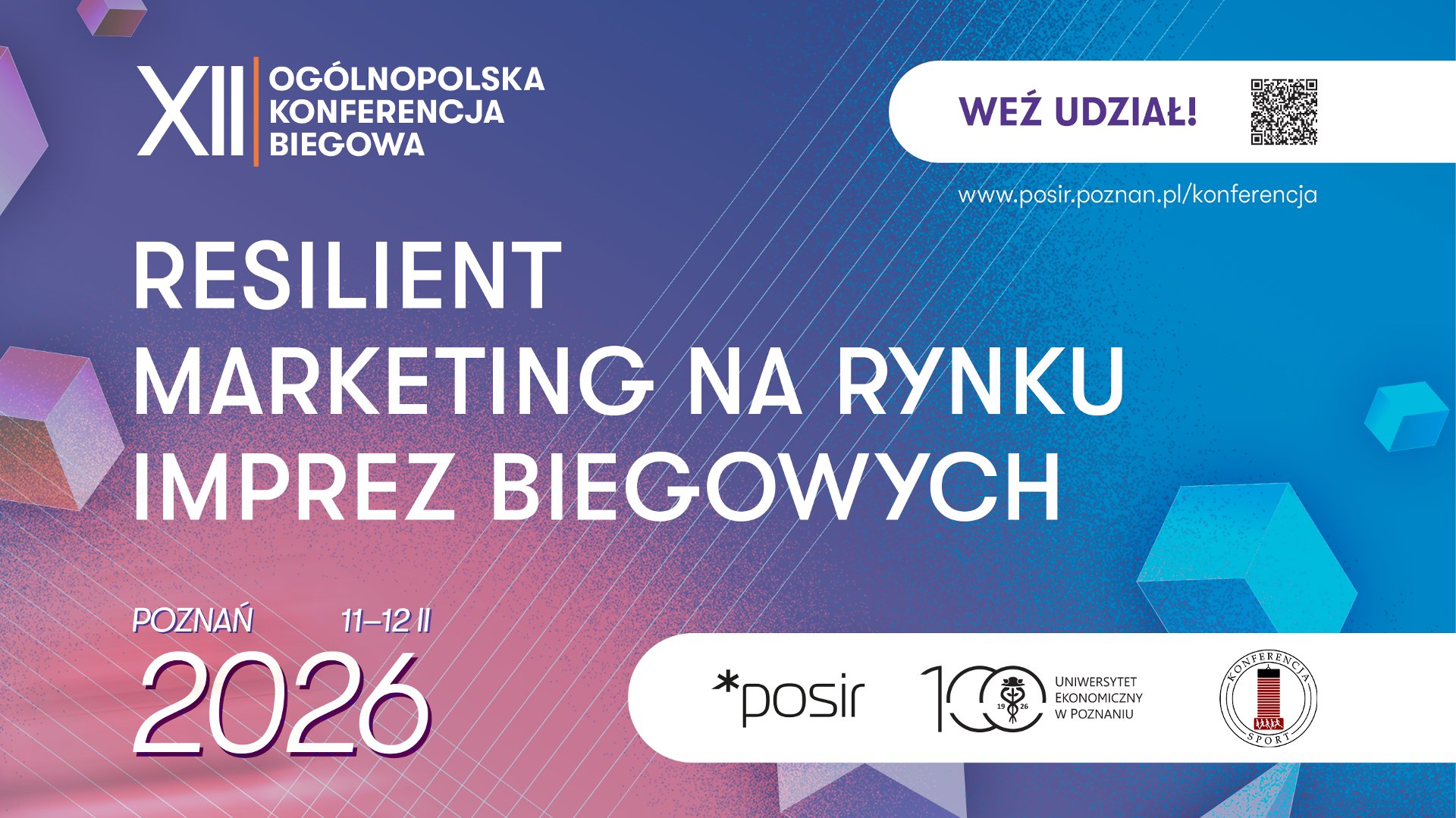 Plakat XII Ogólnopolskiej Konferencji Biegowej - nazwa, termin i lokalizacja biegu na niebiesko-fioletowym tle