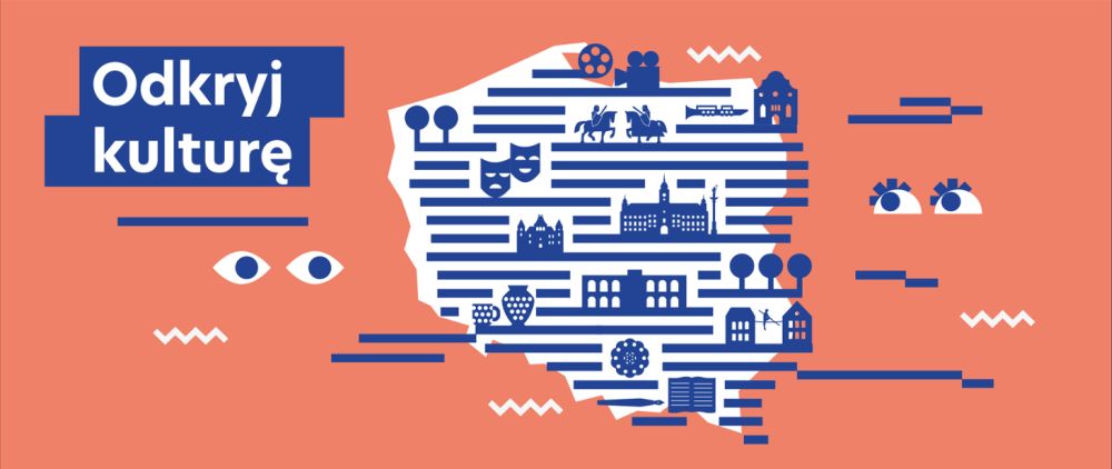 Plakat z graficznym motywem mapy Polski, a na niej ikonami masek teatralnych, kamery filmowej czy eksponatów muzealnych.
