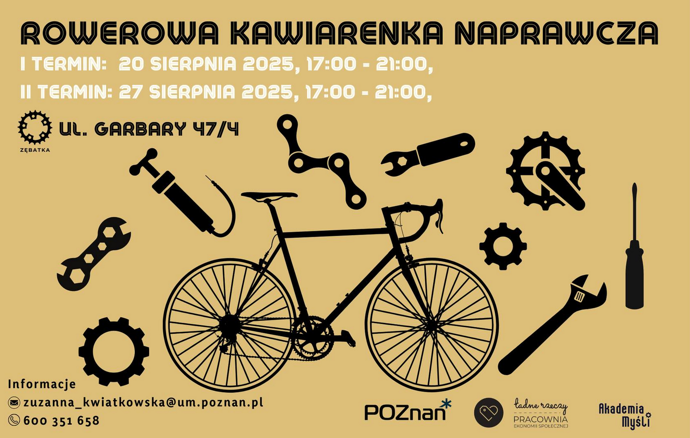 Plakat z rysunkiem roweru, dookoła którego porozrzucano narzędzia i części rowerowe. Szczegółowe informacje z plakatu są powtórzone w treści artykułu.