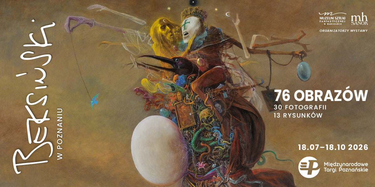 Plakat z surrealistycznym obrazem przedstawiającym fantastyczną, humanoidalną postać przypominającą robaka na brudnym, żółto-brązowym tle. Ponizej widać czarnego ptaka, kolorowe węże oraz duże jajko. Po lewej stronie tytuł wystawy. Z prawej strony informacje o wydarzeniu, zawarte w treści artykułu.