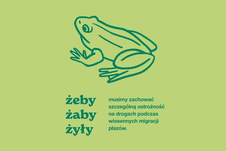 Plakat z wizerunkiem żaby oraz napisem "żeby żaby żyły" i "musimy zachować szczególną ostrożność na drogach podczas wiosennych migracji płazów"