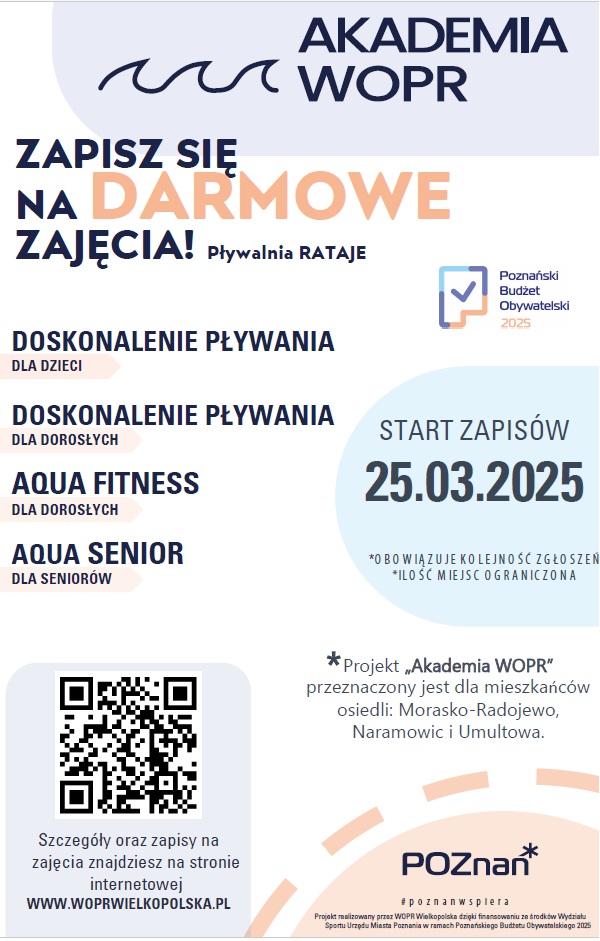Plakat zajęć w ramach Akademii WOPR - po lewej stronie nazwy zajęć, po prawej stronie termin rozpoczęcia zapisów. Poniżej kod QR oraz informacja o finansowaniu z budżetu Miasta Poznania