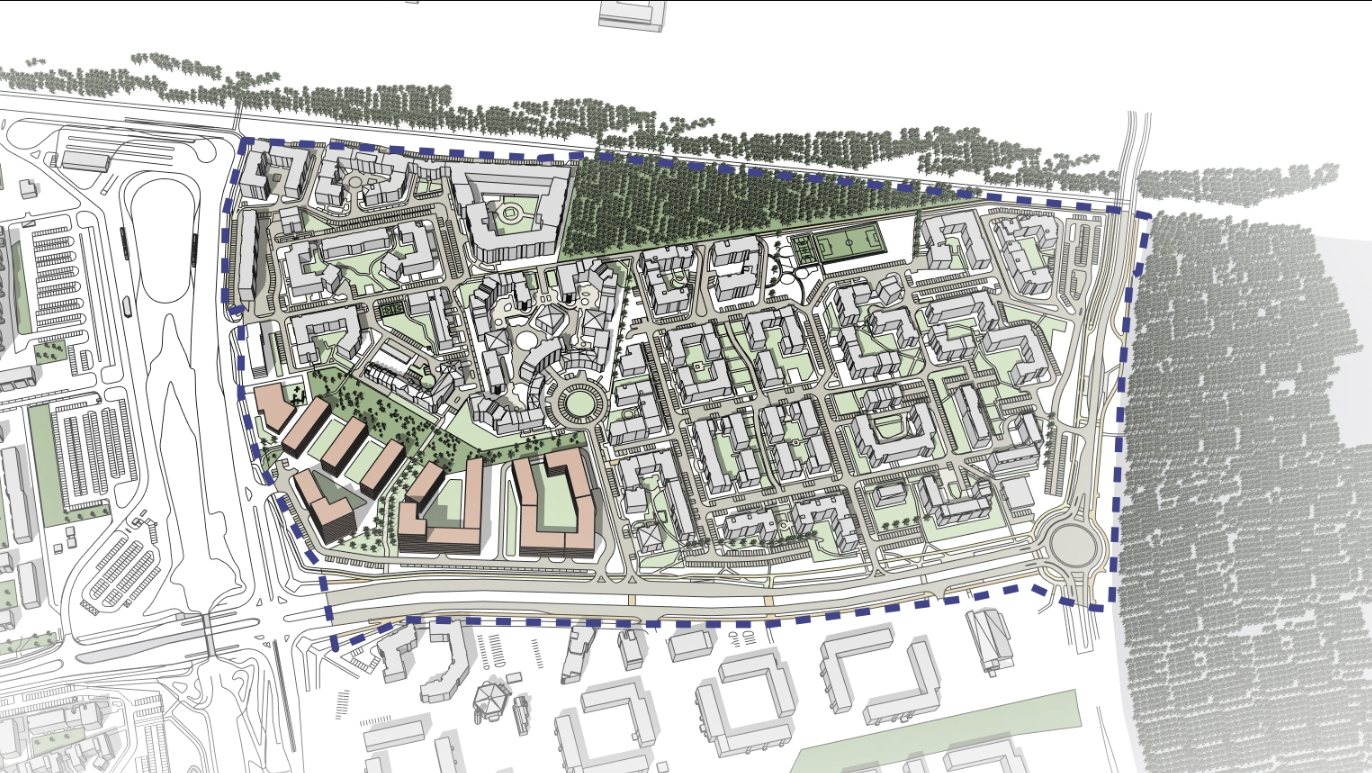 Plan urbanistyczny miasta. Na mapie widoczne są budynki mieszkalne, handlowe oraz drogi, przestrzenie zielone, ronda i ścieżki. Na północ i wschód od planowanej zabudowy znajduje się zalesiony obszar, a na południu biegnie główna droga. Granicę obszaru planistycznego wyznacza niebieska linia przerywana.