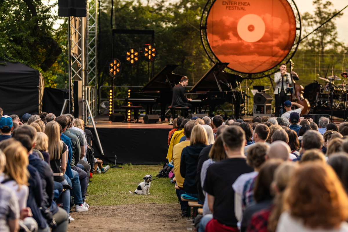 Plenerowy koncert. Na trawie, obok publiczności, siedzi mały pies.