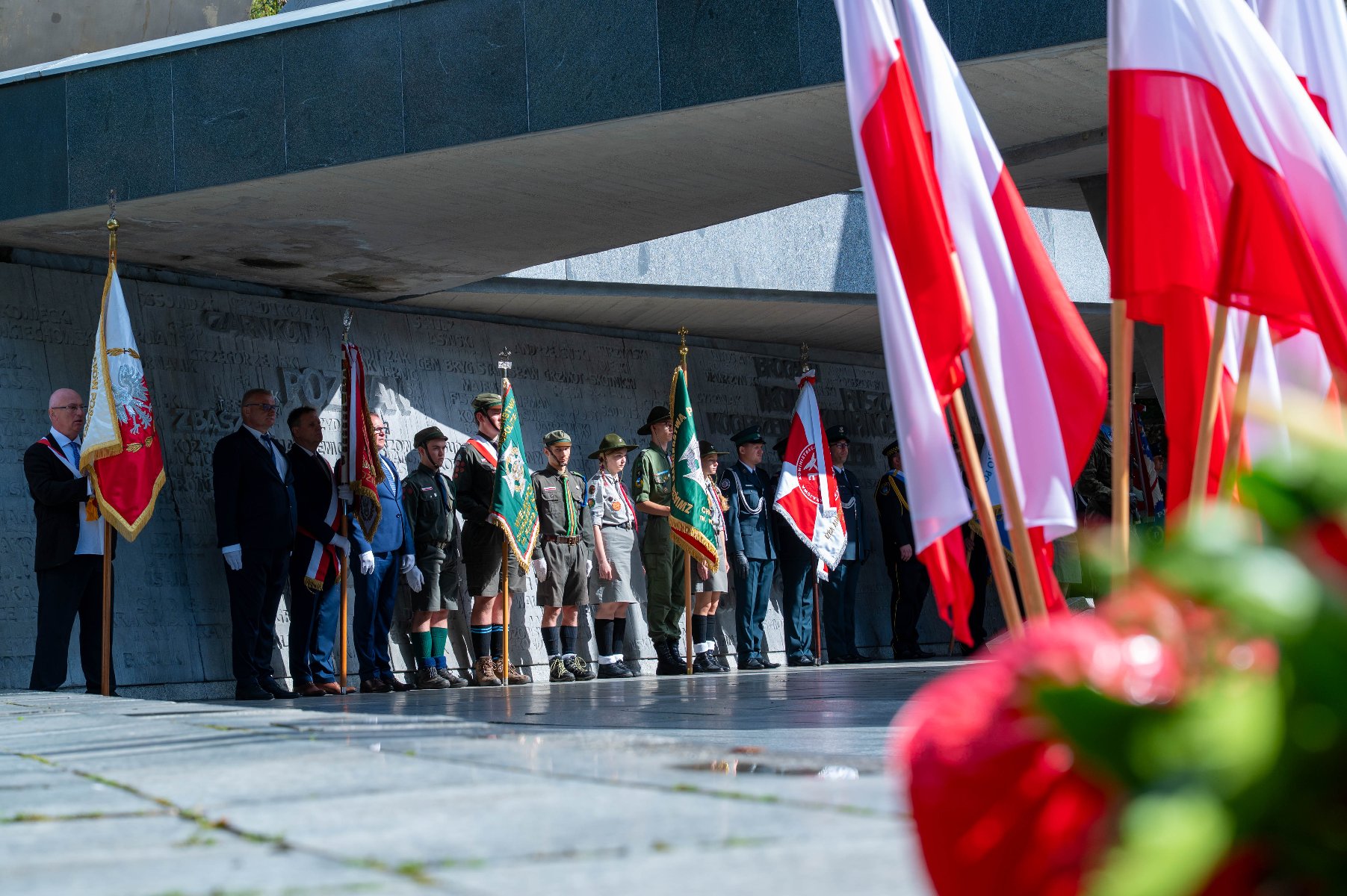 Poczty sztandarowe, harcerze oraz reprezentanci służb i organizacji stojący w rzędzie podczas oficjalnych uroczystości patriotycznych pod pomnikiem.
