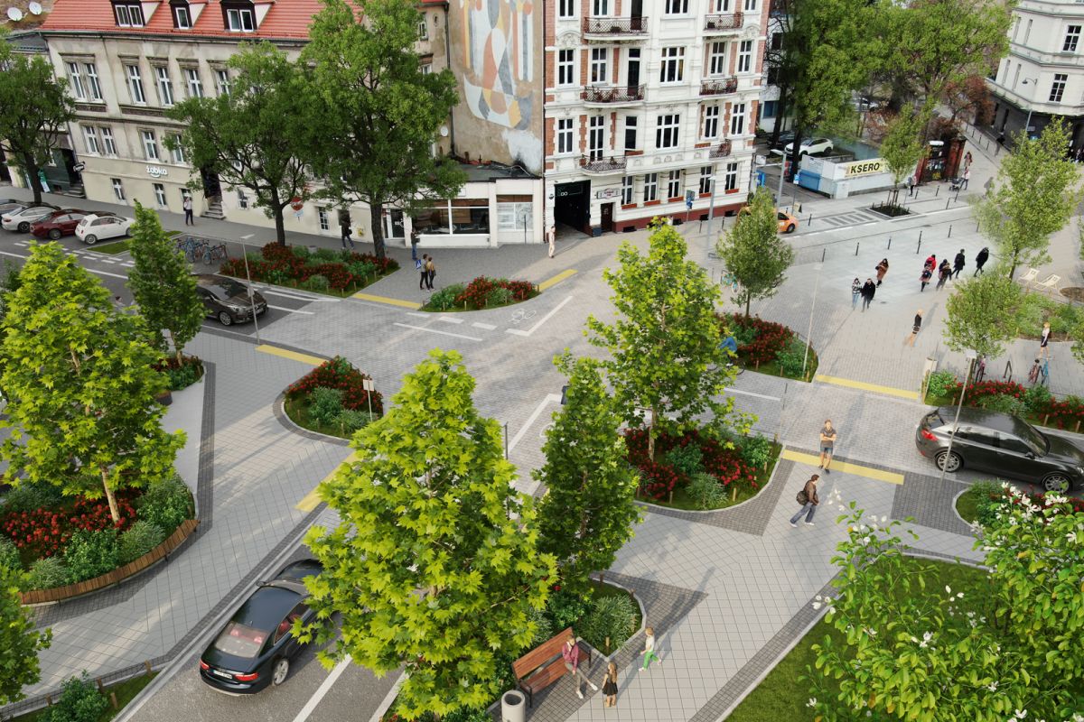 Poglądowa wizualizacja skrzyżowania ulic: Taylora, Kościuszki i Taczaka z nową zielenią