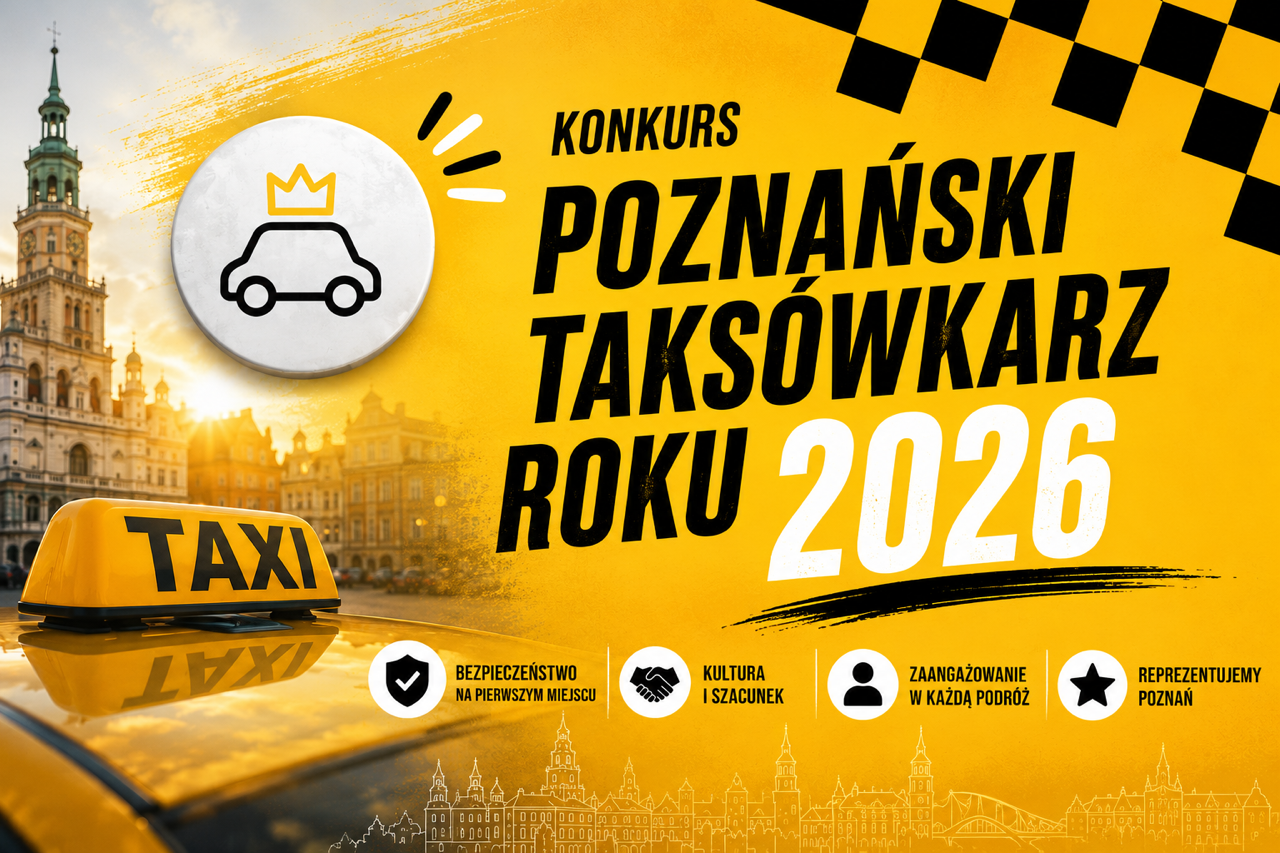 pojazd taxi w tle ratusz Poznański, u góry obrazka pasek szachownicy z taksówkio oraz logo konkursu
