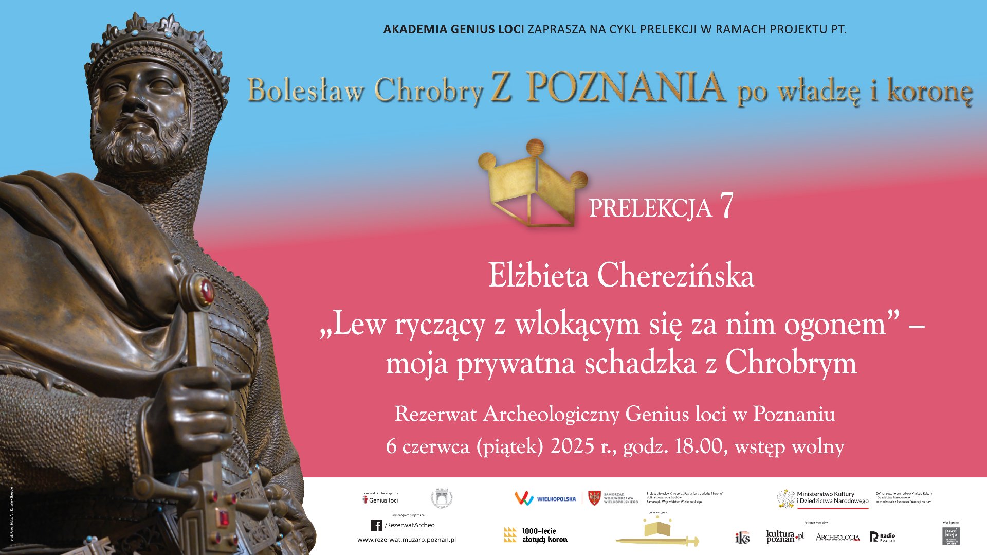 Posąg Bolesława Chrobrego, informacje o projekcie historycznym na różowo-niebieskim tle.