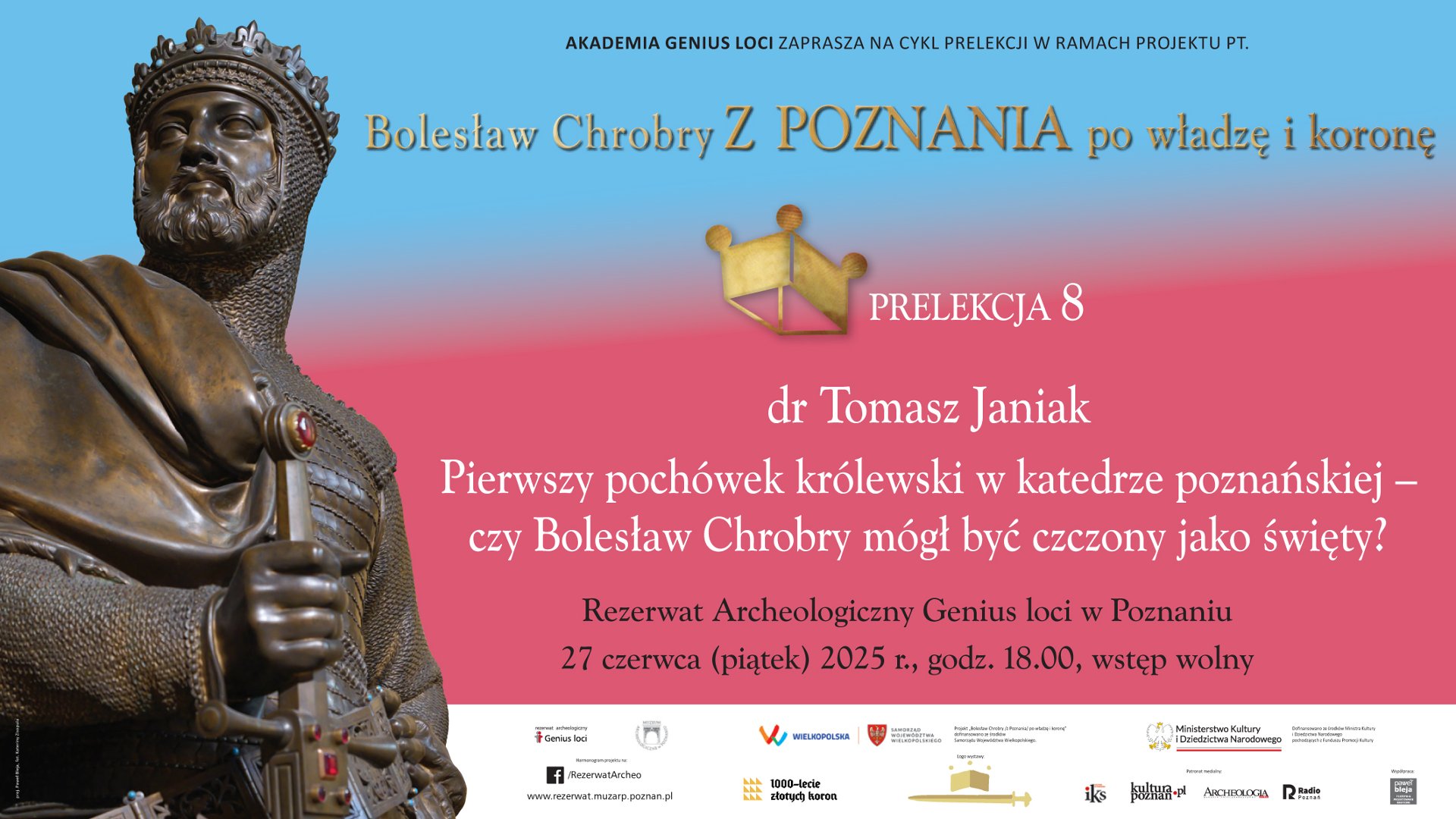 Posąg Bolesława Chrobrego, informacje o projekcie historycznym na różowo-niebieskim tle.
