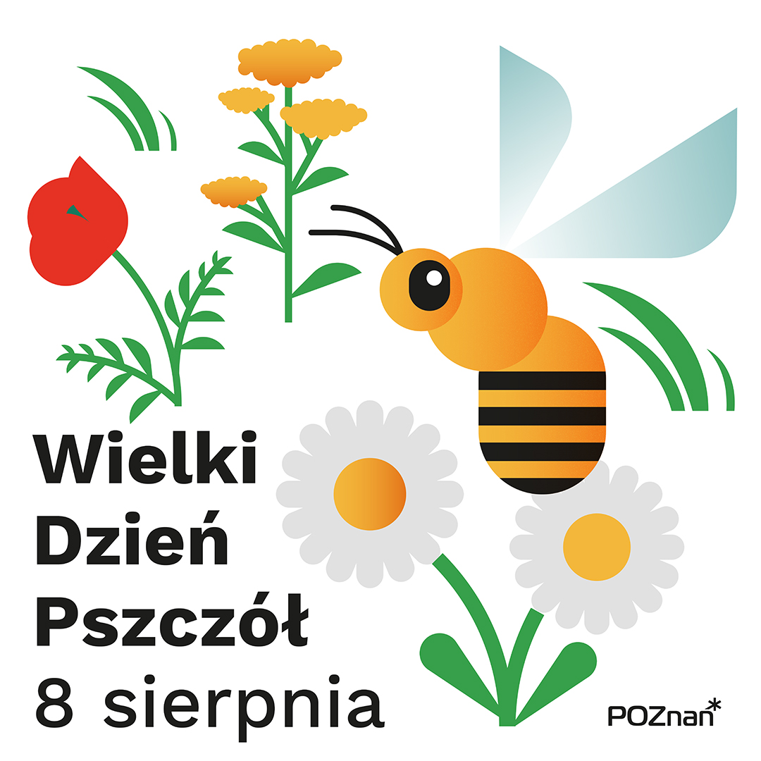 Pszczoła wśród 3 kwiatów i napis Wielki Dzień Pszczół
