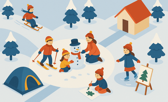 Radosna grafika przedstawia dzieci bawiące się w śniegu. Widać dzieci zjeżdżające na nartach i sankach. Obok dziewczynka jeździ na łyżwach. Na środku dziewczynka z mamą lepią bałwana.