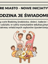 Informacje o warsztatach rodzina je świadomie, rysunek AI wielopokoleniowej rodziny.