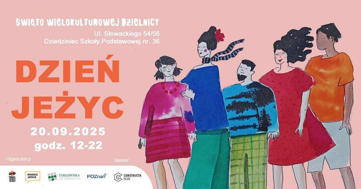 różowy baner informujący o wydarzeniu pn. Dzień Jeżyc w dniu 20 września br. w godzinach 12-22