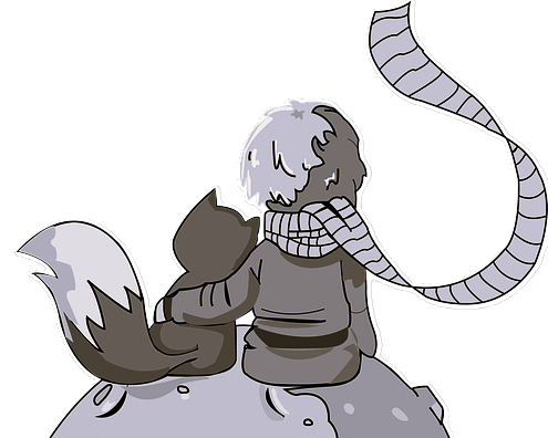 Rysunek Małego Księcia, który obejmuje lisa i razem patrzą w dal.