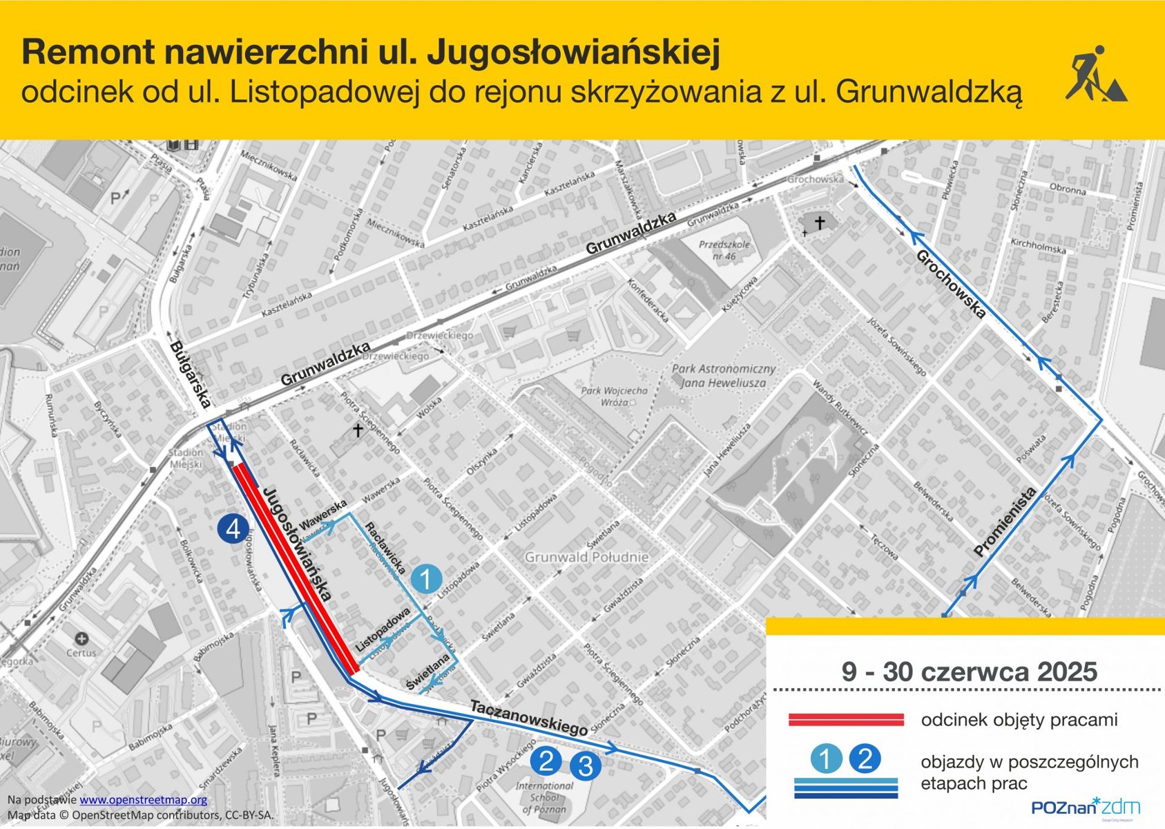 rysunek przedstawia zakres remontu ul. Jugosłowiańskiej oraz objazdy w kolejnych etapach prac