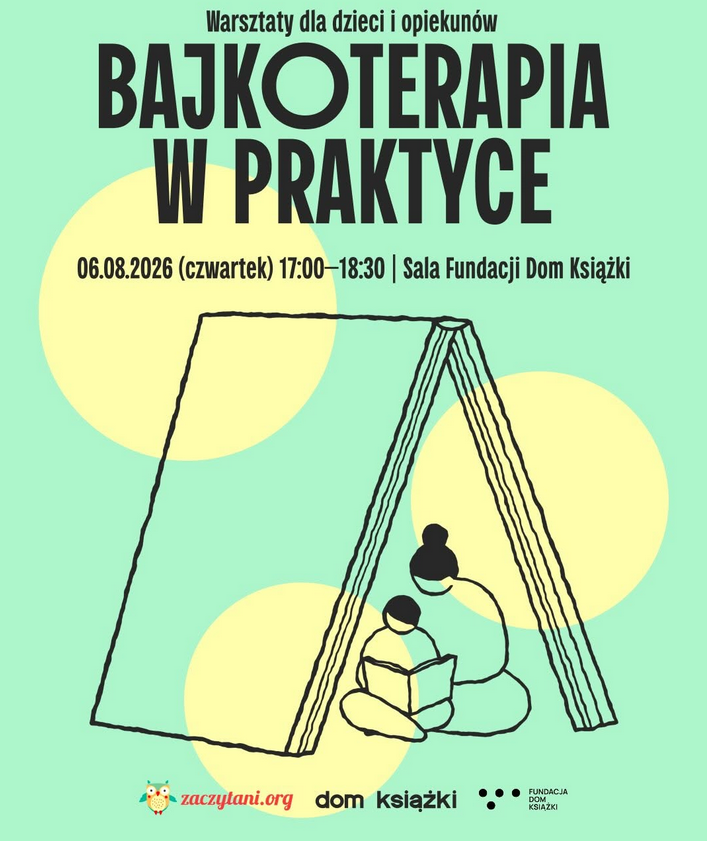 Rysunek - w namiocie w kształcie otwartej książki siedzi pani z dzieckiem, czytają wspólnie książkę. Kolorystyka wesoła, zielona, żółta, błękitna.