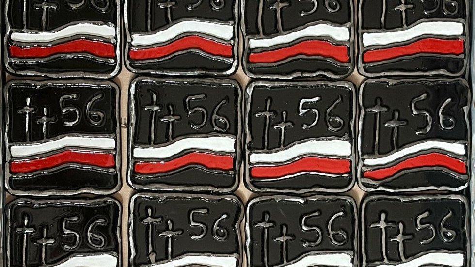 Rzędy identycznych, ręcznie wykonanych (prawdopodobnie ceramicznych lub emaliowanych) przypinek upamiętniających Poznański Czerwiec '56. Każda przypinka ma czarne tło z metalicznym obramowaniem. W górnej części znajduje się liczba "'56" oraz stylizowany symbol dwóch krzyży, nawiązujący do Pomnika Poznańskiego Czerwca 1956. Dolna część przedstawia falowaną biało-czerwoną flagę. Przypinki są ułożone równo obok siebie, tworząc wzór.