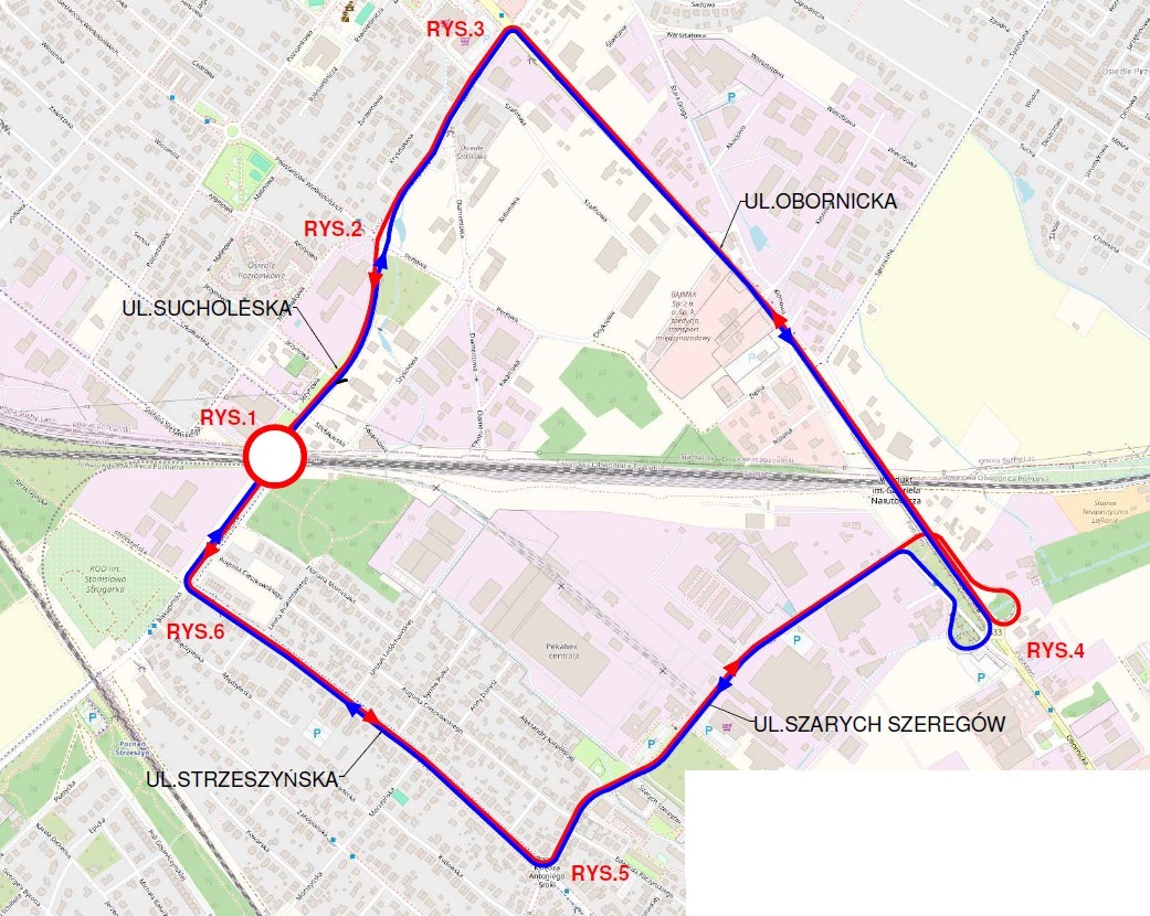 Schemat objazdów zamkniętego przejazdu kolejowego w ciągu ul. Sucholeskiej