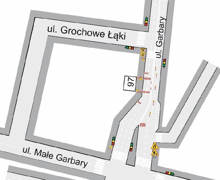 Schemat pokazujący miejsce awarii i zwężenie jezdni na ul. Garbarty