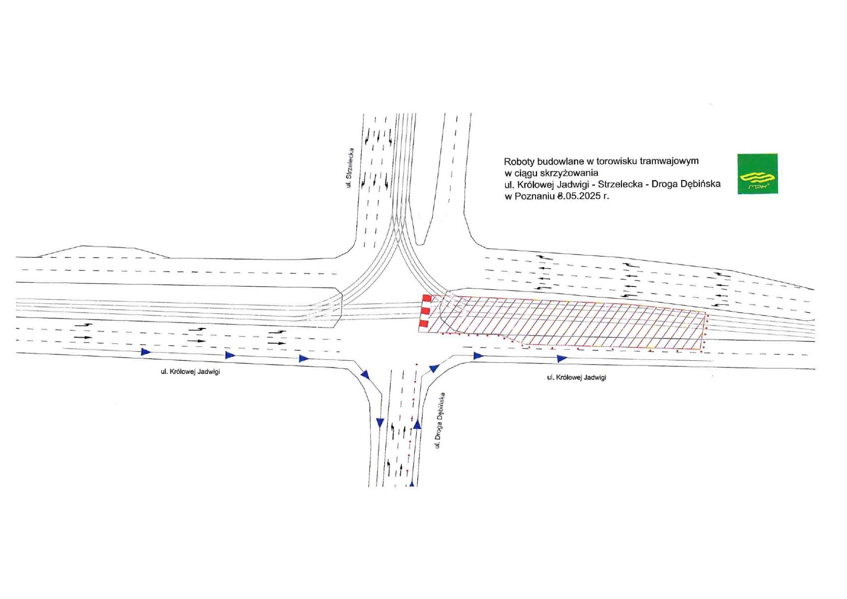 Schemat ruchu na skrzyżowaniu ul. Królowej Jadwigi i Drogi Dębińskiej