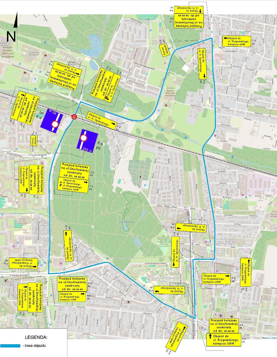 Schemat z zaznaczonymi znakami drogowymi i oznaczeniami objazdów zamkniętego przejazdu kolejowego na ul. Umultowskiej