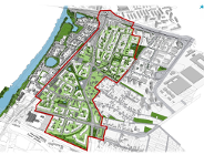 Schematyczny plan zagospodarowania przestrzennego terenu (dzielnicy). Obszar objęty planem jest otoczony czerwoną linią i zawiera jasnozielone tereny zielone oraz białe i szare zabudowania z nazwami ulic.