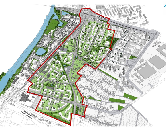 Schematyczny plan zagospodarowania przestrzennego terenu (dzielnicy). Obszar objęty planem jest otoczony czerwoną linią i zawiera jasnozielone tereny zielone oraz białe i szare zabudowania z nazwami ulic.