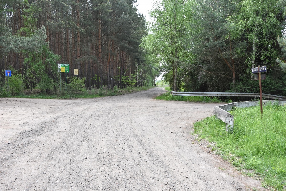 skrzyżowanie nieutwardzonych dróg, otoczenie leśne, widoczna tabliczka z nazwą ulicu Nadwarciańska