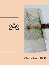 Plakat Domu Kultury "Spotkania" - osoba wskazująca mapę na tablicy.