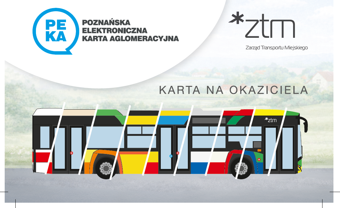 Specjalna karta PEKA - awers i rewers - stojące na małych stelażach. W tel widać autobus