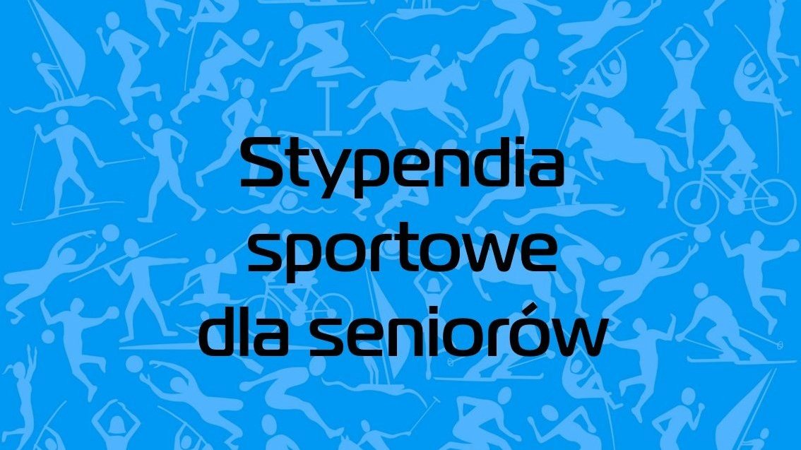 Stypendium Sportowe Miasta Poznania w kategoriach seniora - na niebieskim tle piktogramy z osobami uprawiającymi różne dyscypliny, a na środku czarny tytuł grafiki