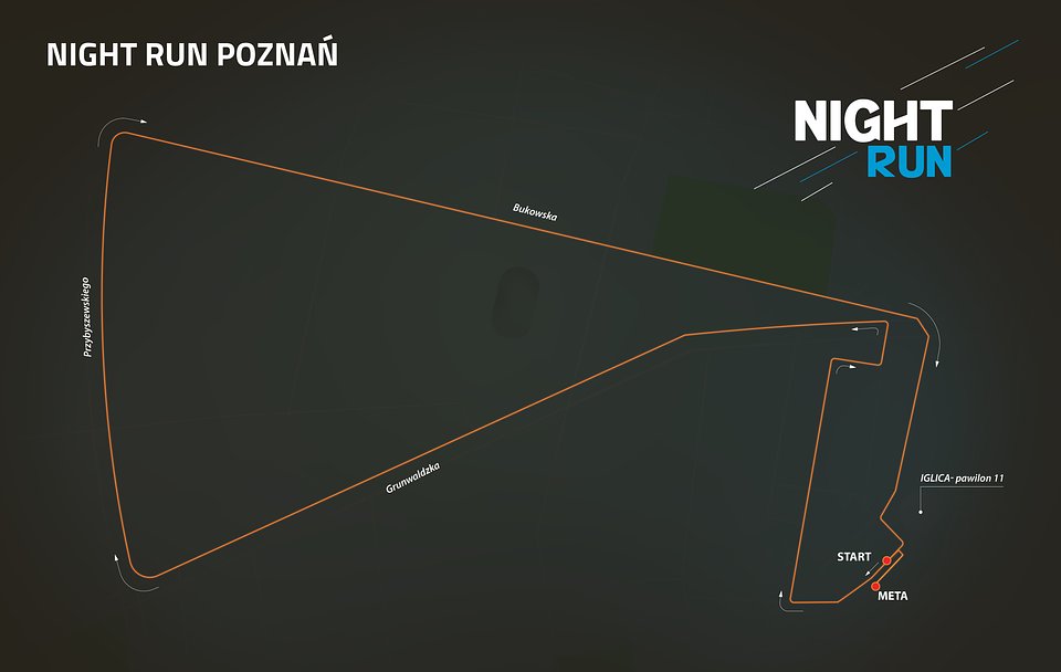 Trasa Night Run 2025 - trasa biegu na czarnym tle
