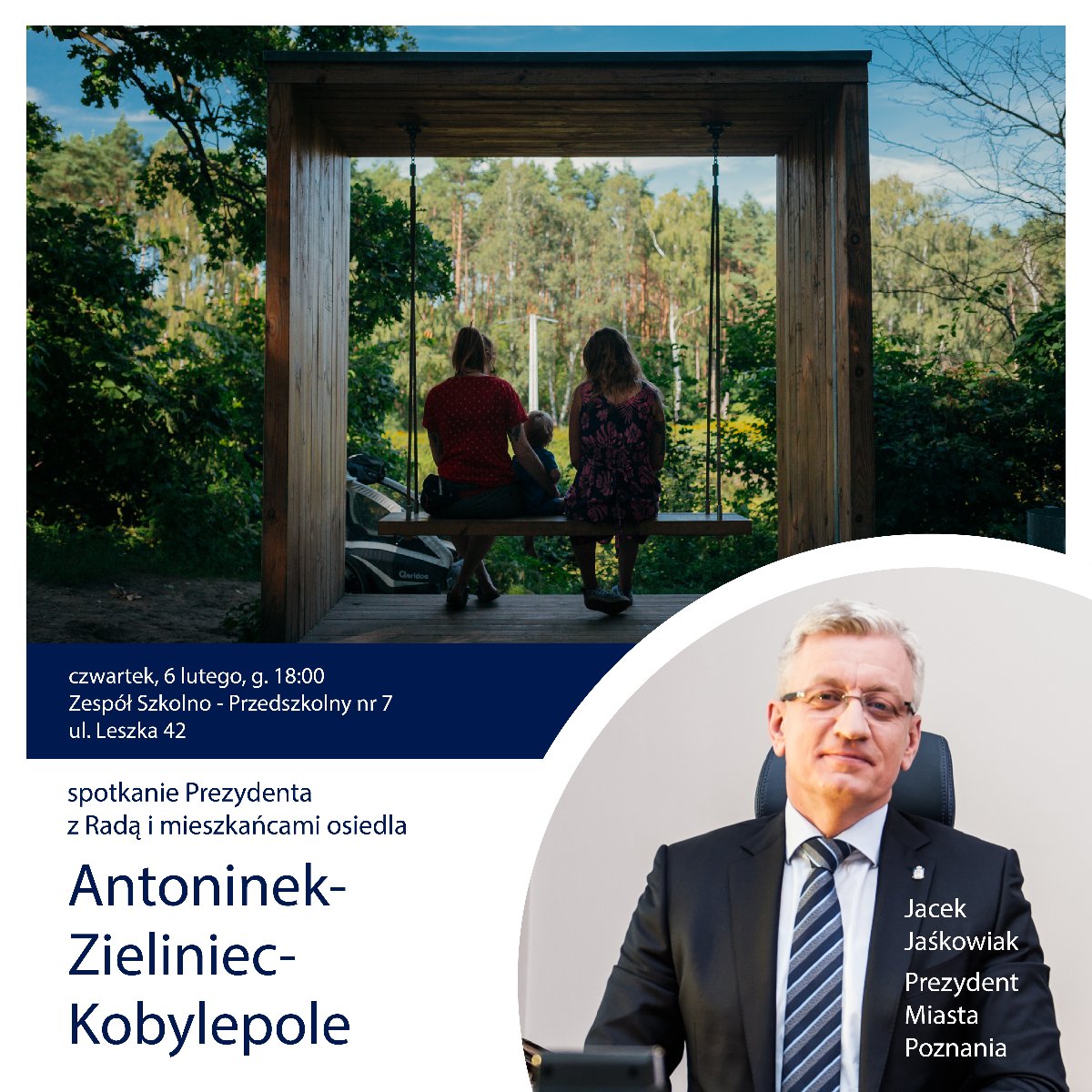 U góry grafiki dwie kobiety siedzą na ławce z małym dzieckiem wśród zieleni. Na dole grafiki przedstawiony jest Prezydent Miasta Poznania siedzący na fotelu.