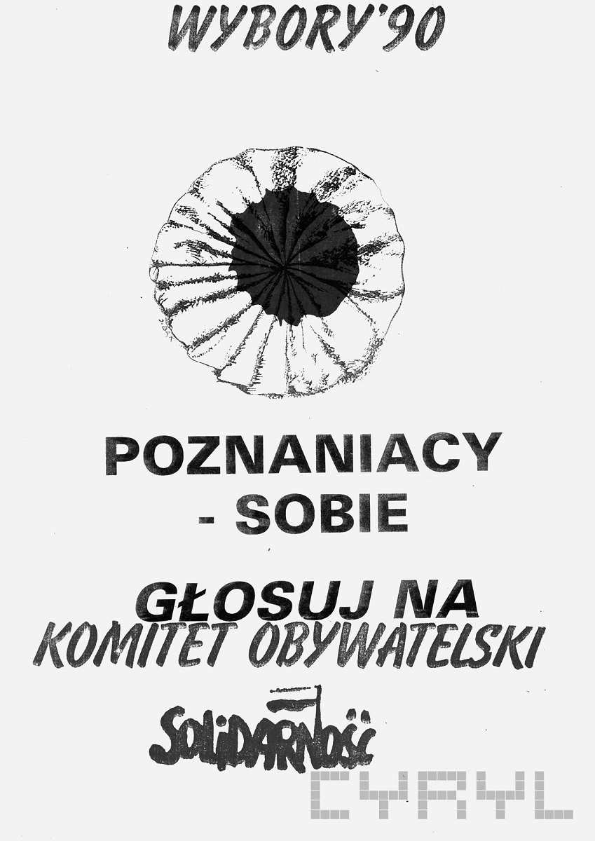 ulotka wyborcza, na której jest grafika kotylionu oraz napis wybory 90, poznaniacy - sobie, głosuj na Komitet Obywatelski i logi Solidarność