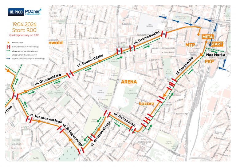 Utrudnienia w ruchu podczas 18. PKO Poznań Półmaratonu - mapa śluz w trakcie imprezy