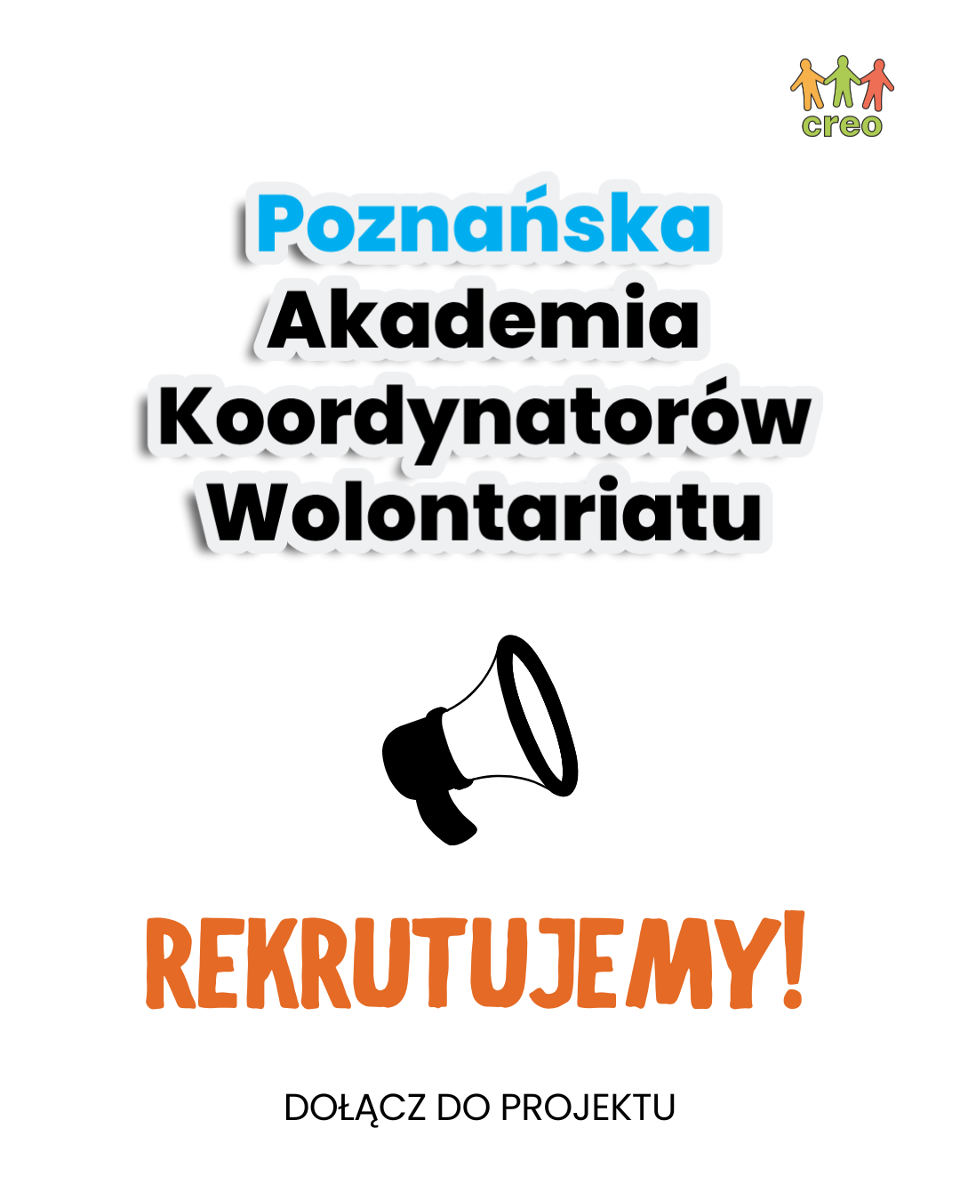 W centralnej cześci obrazka znajduje się megafon, nad nim znajduje sioę napis: "Poznańska Akademia Koordynatorów Wolontariatu". Na samym dole znajduje się napis: "rekrutujemy dołącz do projektu".