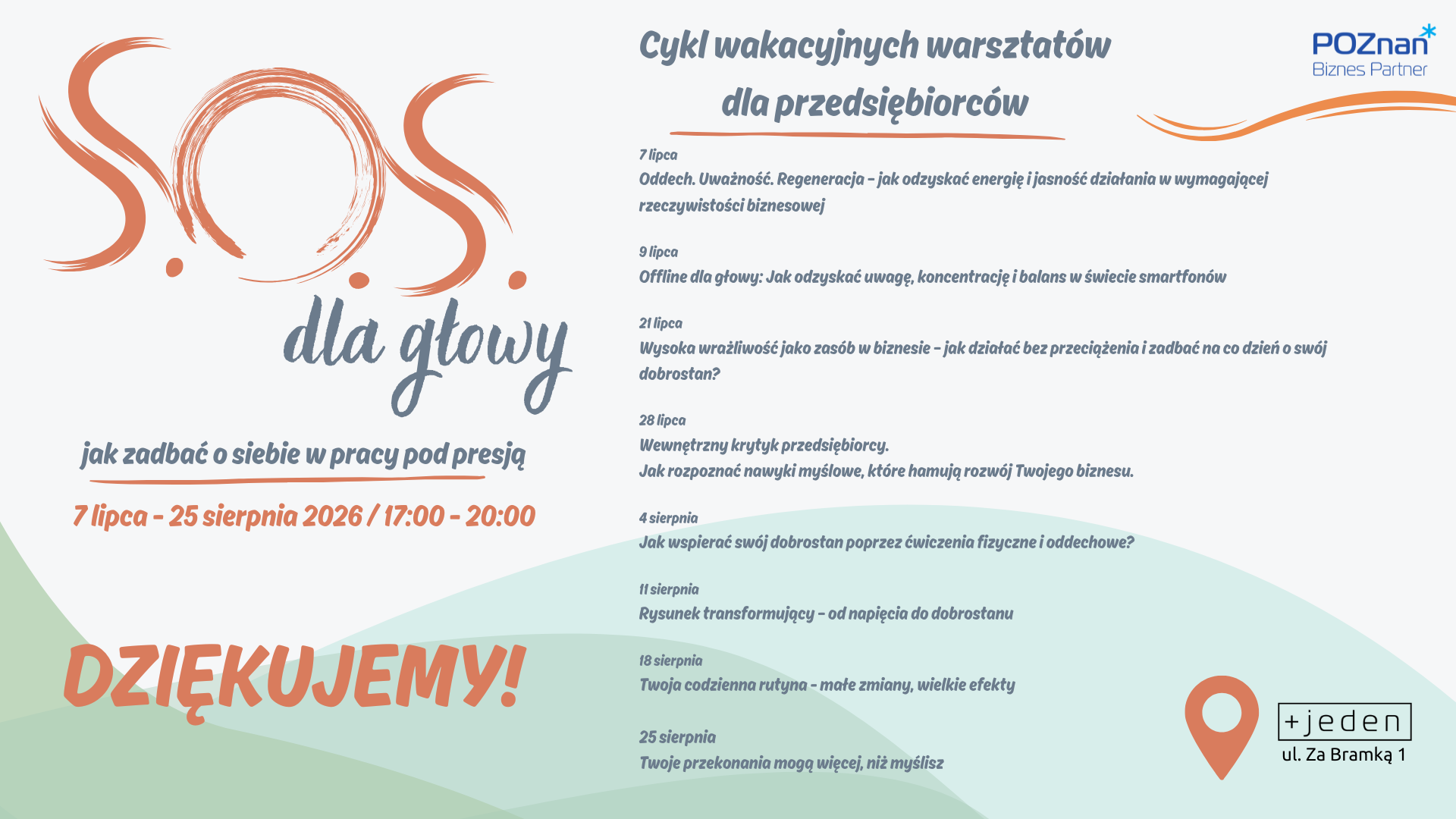 Warsztaty z cyklu S.O.S dla głowy dobiegły końca. Grafika pokazujaca co się działo oraz napis dziękujemy.