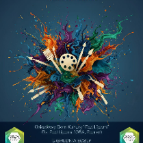 Obraz przedstawia wybuch kolorów, z różnymi narzędziami artystycznymi, takimi jak pędzle i paleta, rozsypanymi w centralnej części, otoczonymi rozpryskami farby w odcieniach niebieskiego, pomarańczowego, zielonego i fioletowego. Dynamiczna kompozycja sprawia wrażenie twórczej energii i artystycznej ekspresji, symbolizując połączenie różnych form sztuki.