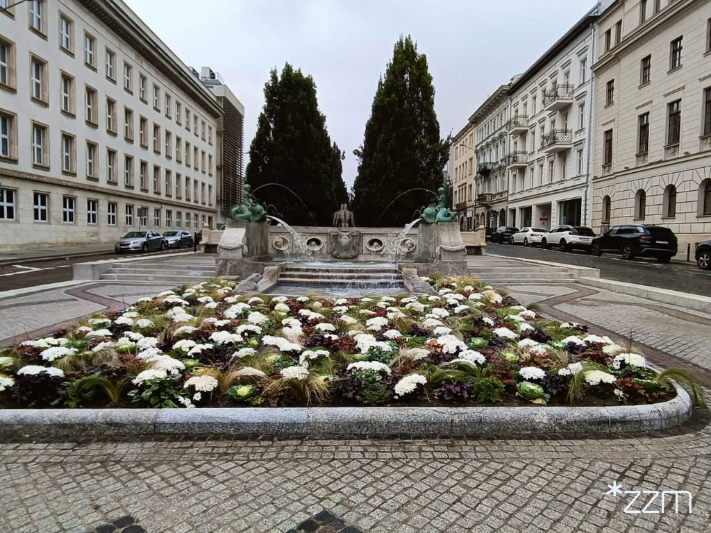 Widok na fontannę Kronthala i rozległą rabatę wypełnioną białymi kwiatami oraz ozdobnymi roślinami. Po obu stronach placu stoją kamienice i zaparkowane samochody.