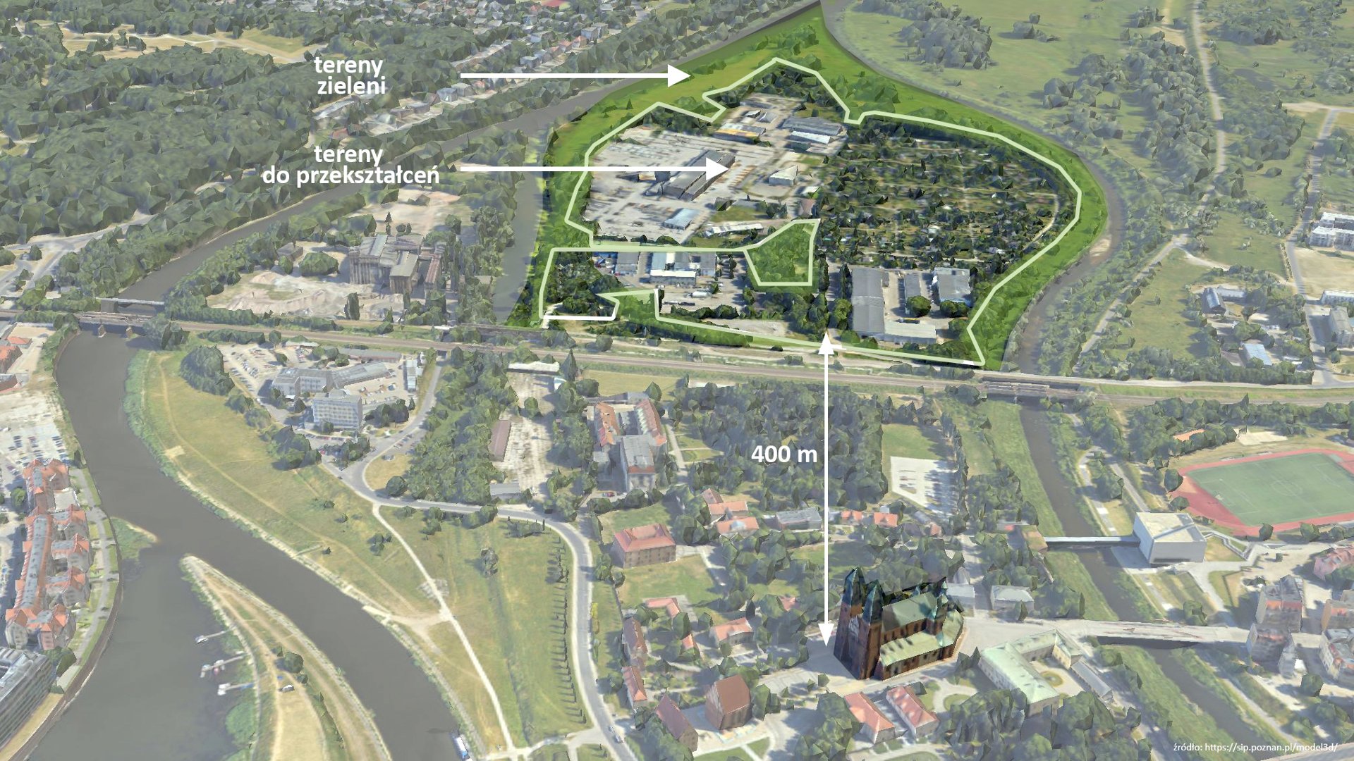 Widok z lotu ptaka na tereny do przekształceń i tereny zielone w Poznaniu, z zaznaczonymi strzałkami i odległościami. Na pierwszym planie widać katedrę i rzekę Wartę.