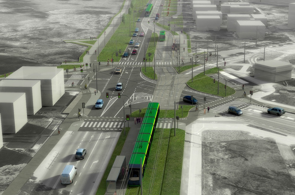 wizualiacja przedstawiająca skrzyżowane drogowe i linii tramwajowych