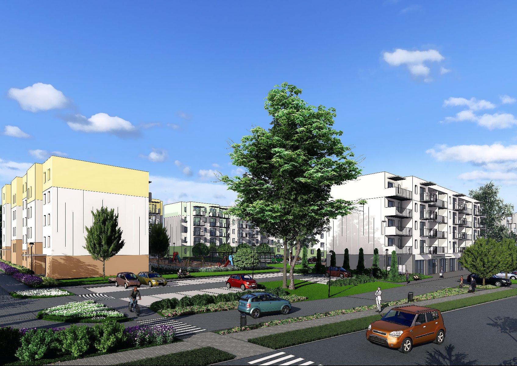 Wizualizacja architektoniczna nowoczesnego osiedla mieszkaniowego w słoneczny dzień. Na obrazie widoczne są jasne, kilkupiętrowe bloki z balkonami oraz żółtymi akcentami na elewacji. Pomiędzy budynkami znajduje się zadbana przestrzeń wspólna z parkingami, trawnikami, dużym liściastym drzewem w centrum oraz placem zabaw w tle. Na pierwszym planie widać asfaltową ulicę z przejściem dla pieszych, ścieżkę rowerową oraz zaparkowane i przejeżdżające samochody