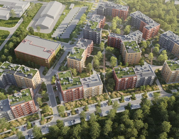 Wizualizacja architektoniczna osiedla mieszkaniowego z lotu ptaka, przedstawiająca układ budynków, zielone dachy, tereny rekreacyjne oraz otaczającą zieleń.