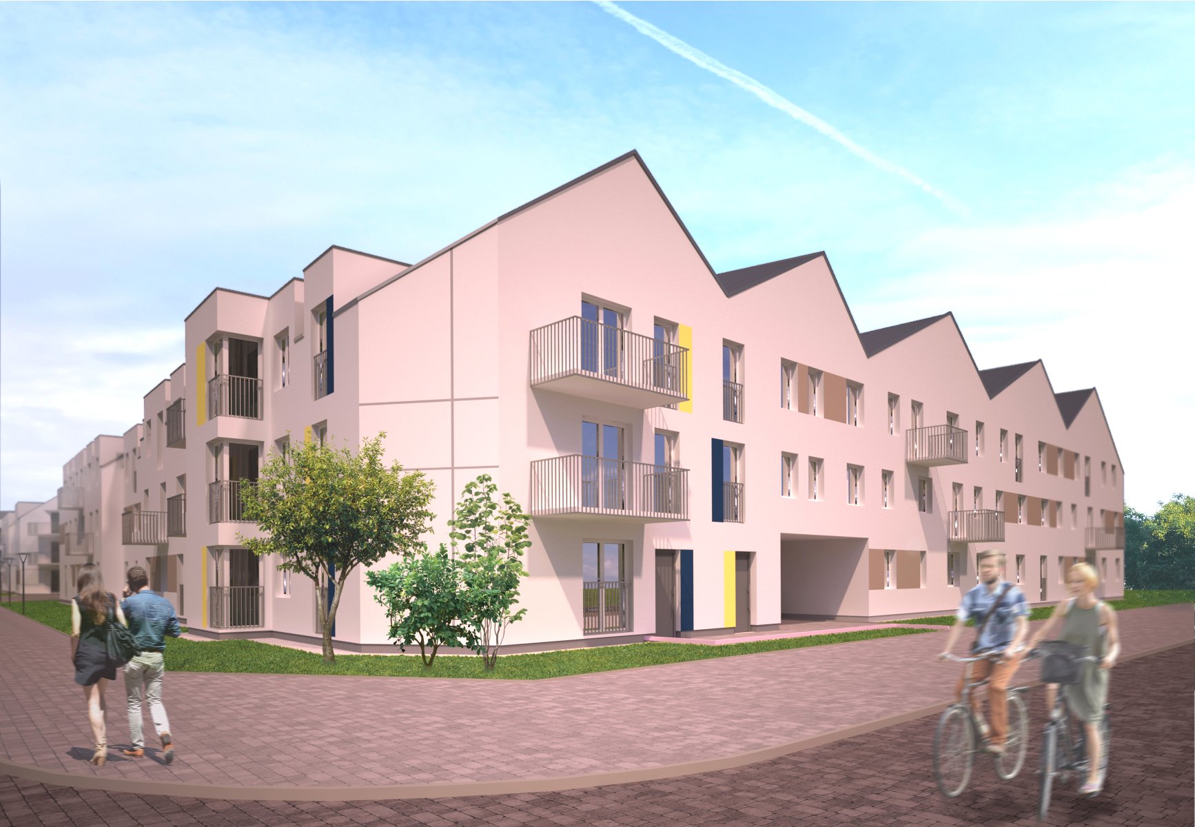 Wizualizacja nowoczesnego osiedla mieszkaniowego składającego się z szeregowych, dwupiętrowych budynków o spadzistych dachach. Elewacje są jasne, z pojedynczymi akcentami kolorystycznymi, takimi jak żółte i niebieskie fragmenty. Przed budynkami widać zielony trawnik, młode drzewka, a także ludzi spacerujących i jadących na rowerach po utwardzonej nawierzchni.