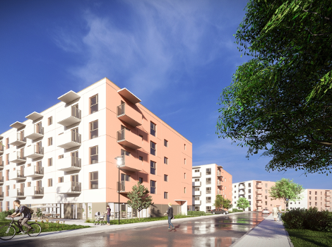 Wizualizacja nowoczesnego osiedla mieszkaniowego w słoneczny dzień. Na pierwszym planie po lewej stronie widać wielopiętrowy budynek o białej i jasnopomarańczowej elewacji z licznymi balkonami. Przed budynkiem przebiega asfaltowa ulica, po której porusza się rowerzysta oraz piesi, w tym osoba z wózkiem dziecięcym. Wzdłuż ulicy ciągną się kolejne, podobne bloki mieszkalne. Po prawej stronie widoczne są duże, zielone drzewa, a nad całością dominuje błękitne niebo z delikatnymi chmurami.