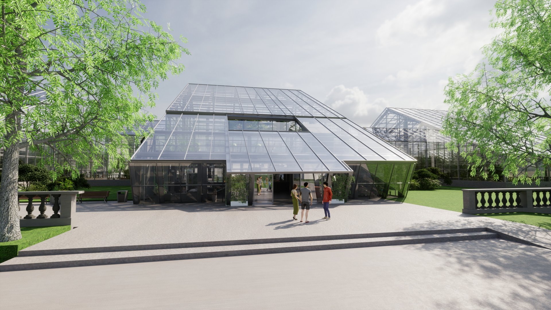 Wizualizacja nowoczesnego pawilonu o szklanej konstrukcji. W tle widać inne szklarnie i otaczającą zieleń, a przed wejściem stoją trzy osoby.