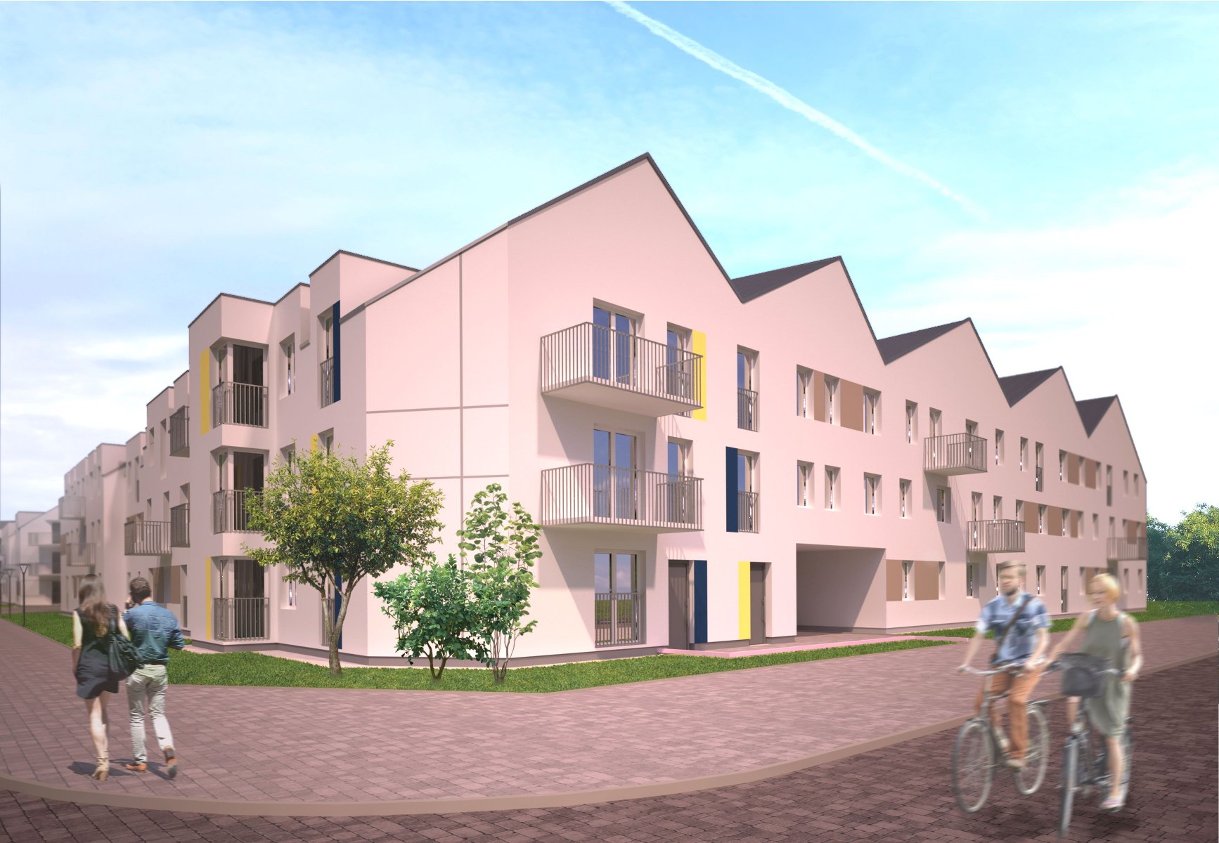 Wizualizacja przedstawia blok, a także spacerujących i jeżdżących na rowerach ludzi i zieleń - trawę i drzewa.